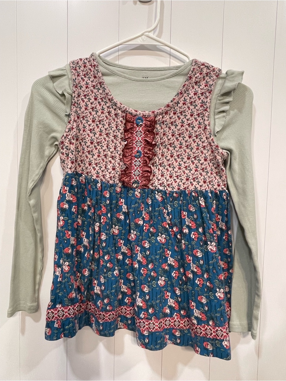 Matilda Jane Sage Tunic size 10 H&M ling sleeve Ribbed Layering Top with ruffles